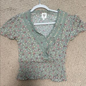 Floral Green Lace Trim Top